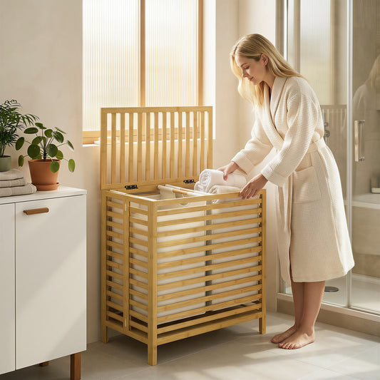 Bamboo Laundry Basket | Double 64L | 2 Washable Oxford Bags | Lid | Top Shelf | Foldable | 30kg | Natural & Cream White