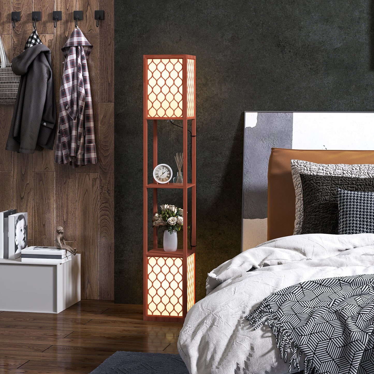 Duo Light Floor Lamp With Shelves - Brown