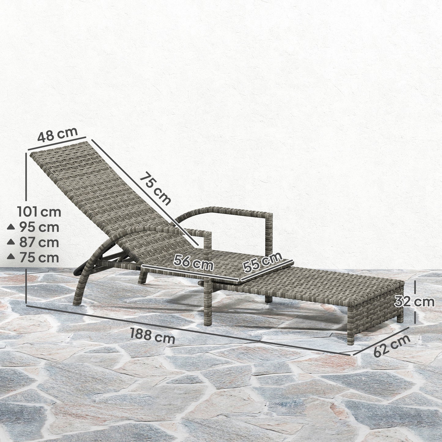 Outsunny PE Rattan Sun Lounger with Adjustable Backrest - Mixed-grey