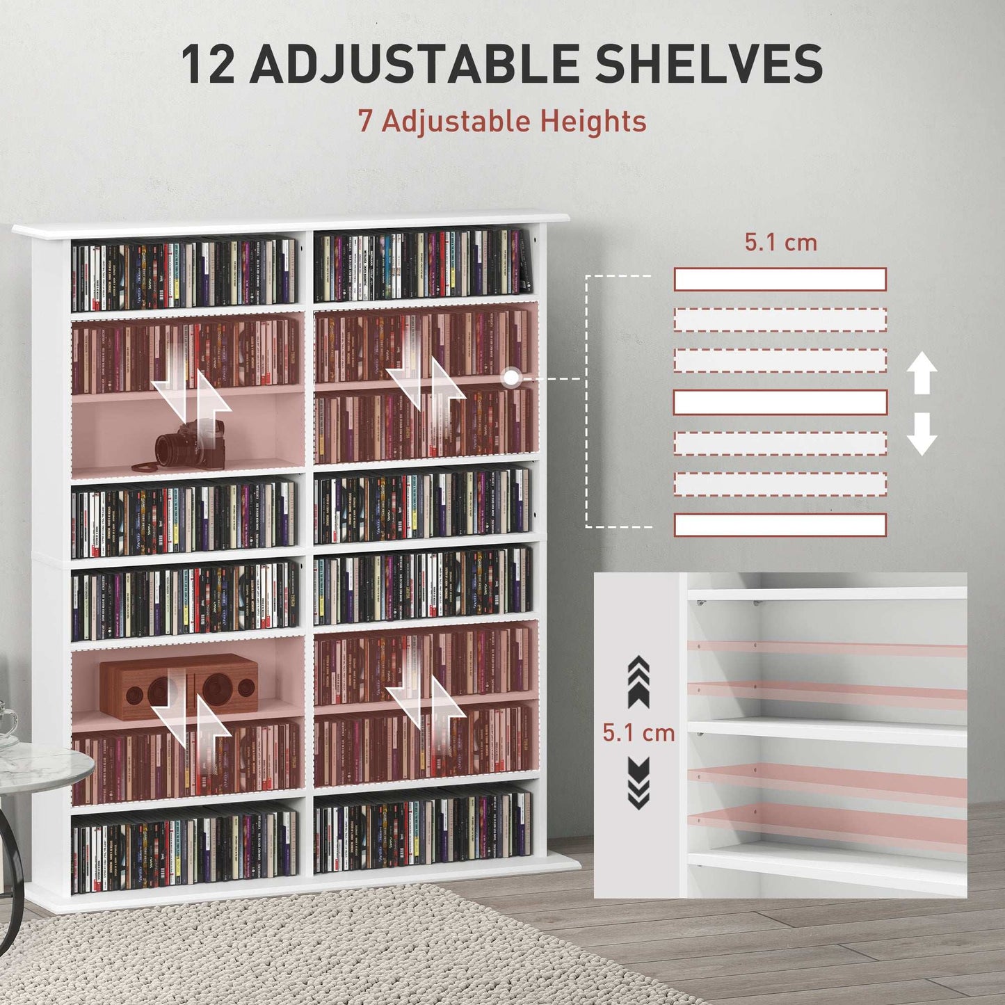 16-Compartment Media Shelf Unit Organiser - White / Brown
