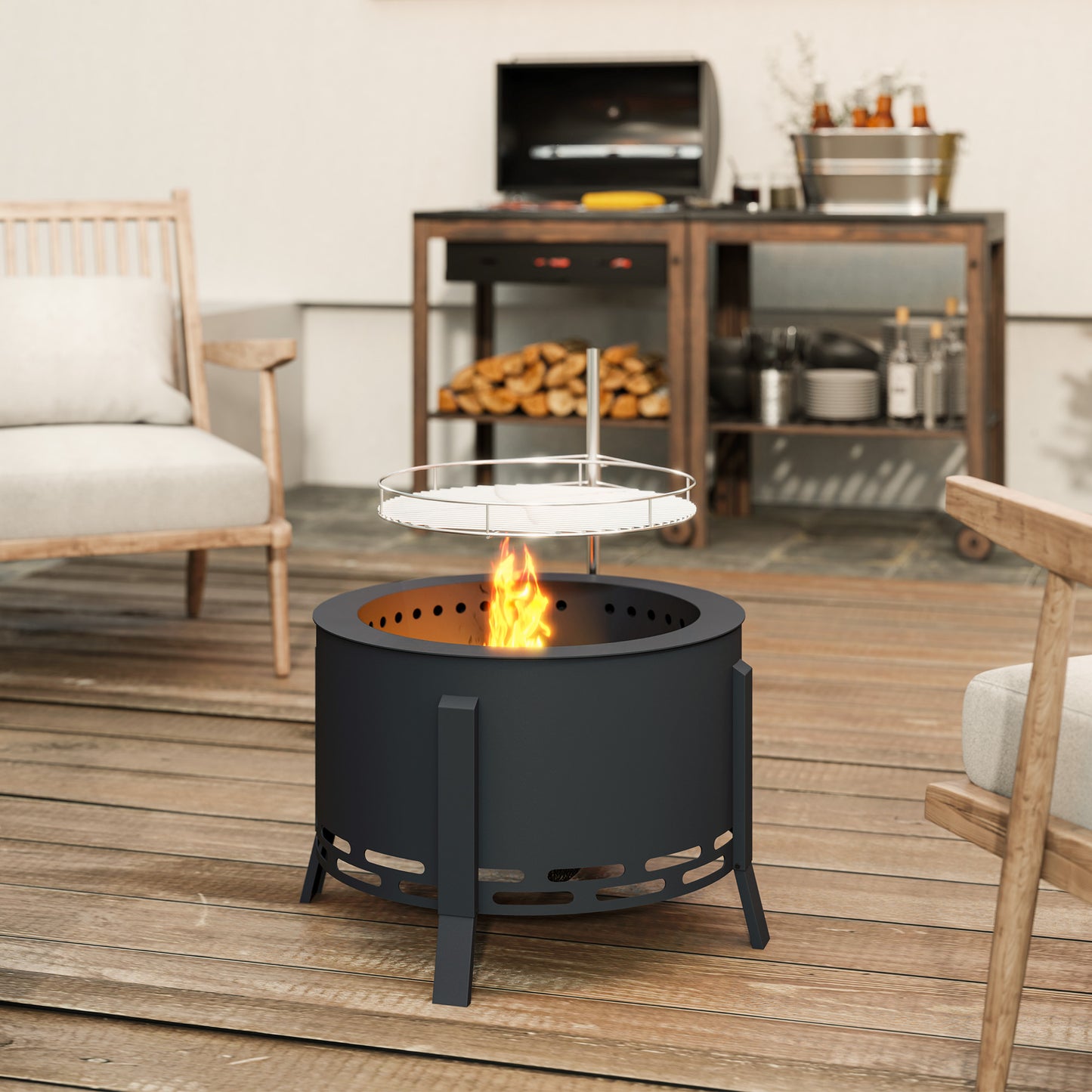 Portable Fire Pit, 58 cm Round Firepit with Grill Grate, Fire Bowl with Ash Catcher and Poker, Fire Pit BBQ for Garden Camping Bonfire Picnic, Black