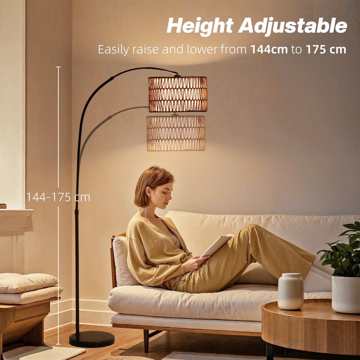 Floor Lamp for Living Room, Modern Standing Lamp with Dual-Layer Shade & Foot Switch, Height Adjustable Minimalist Tall Pole Lampshade