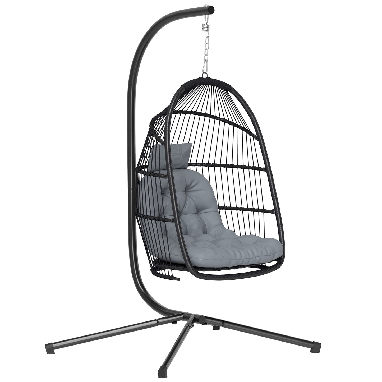 Outsunny Rattan Hanging Egg Chair with Stand, Foldable Wicker Swing Egg Chair with Cushion, Head Pillow, Steel Frame, Hammock Chair
