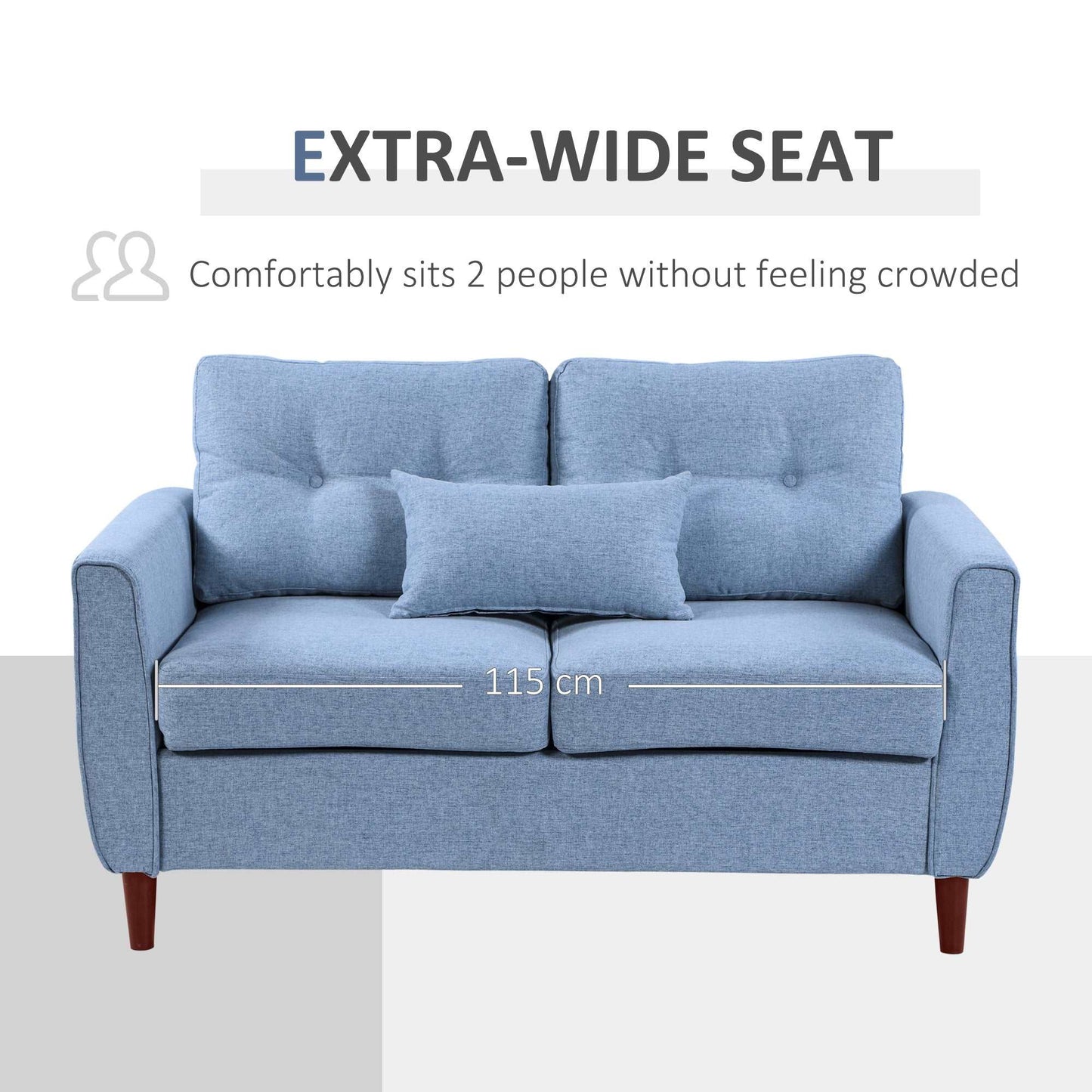 2 Seat Sofa Double Sofa Loveseat Fabric Wooden Legs Tufted Design for Living Room, Dining Room, Office, Light Blue
