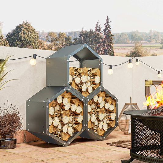 Outsunny Three-Shelf Hexagon Metal Firewood Log Storage Rack Holder Organiser - Grey