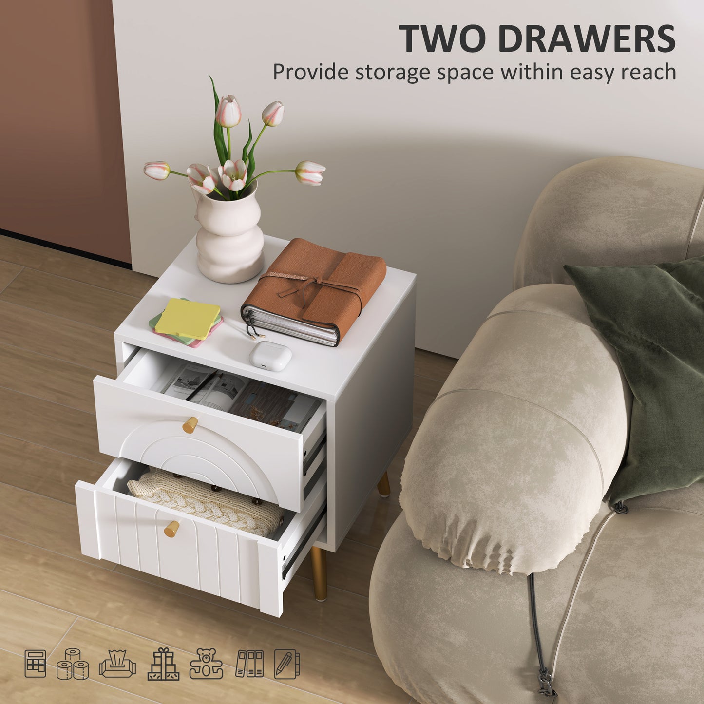 2-Drawer Bedside Table Set of 2 - White