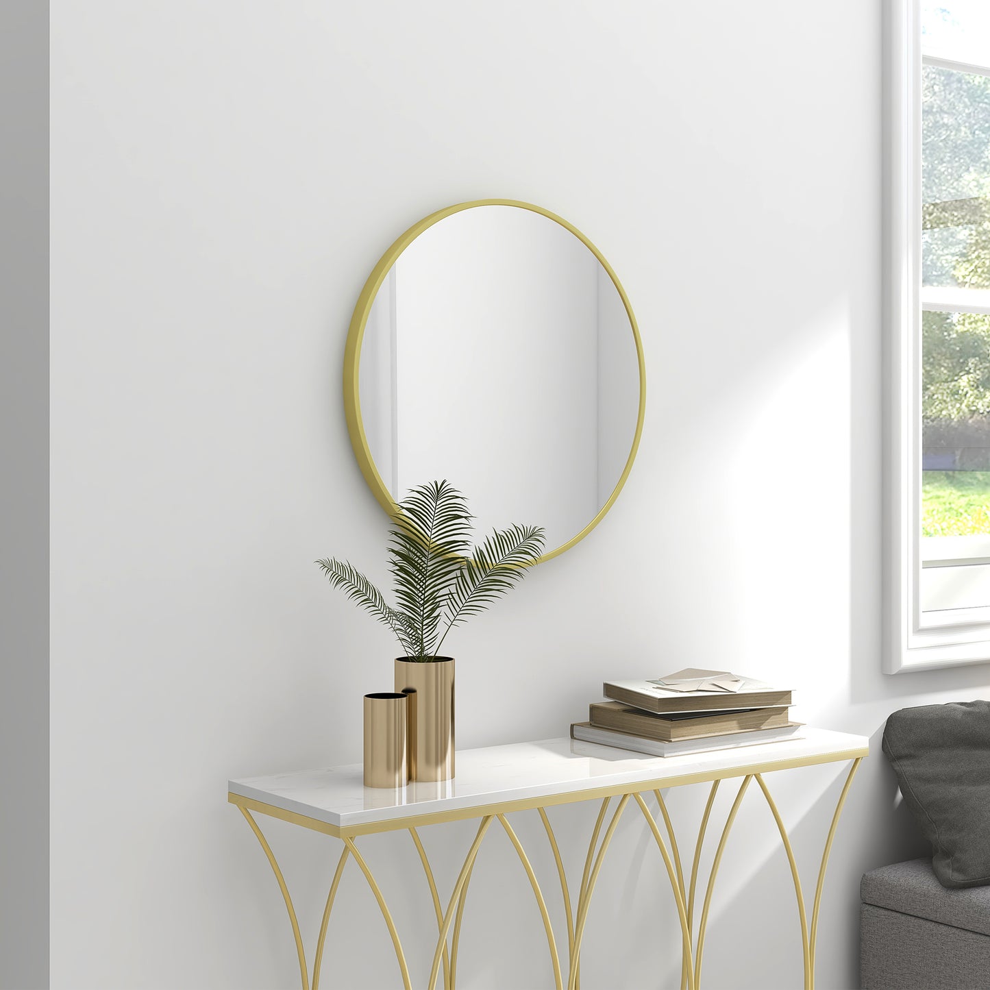 Round Bathroom Mirror, Modern Wall-mounted Vanity Mirror W/ Aluminium Frame, Easy Install Hook for Living Room, Entryway, 60 x 60cm, Gold Tone