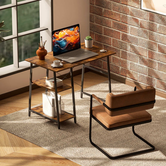 100cm Computer Desk with Storage, Industrial Home Office Desk with 2 Tier Shelves and Steel Frame, Computer Table for Study Room, Rustic Brown