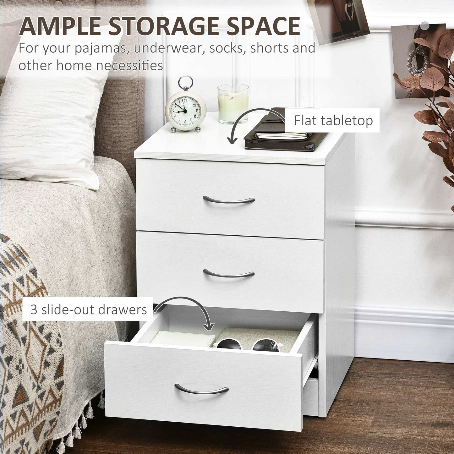 Three-Drawer Simple Bedside Table Nightstand - White