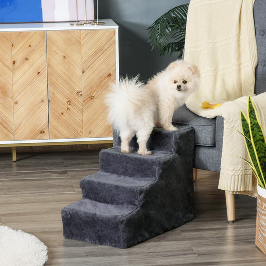 Four-Step Dog Stairs, with Washable Plush Cover, for High Bed Sofa, Dog Steps for Small Dog and Cat - Dark Grey