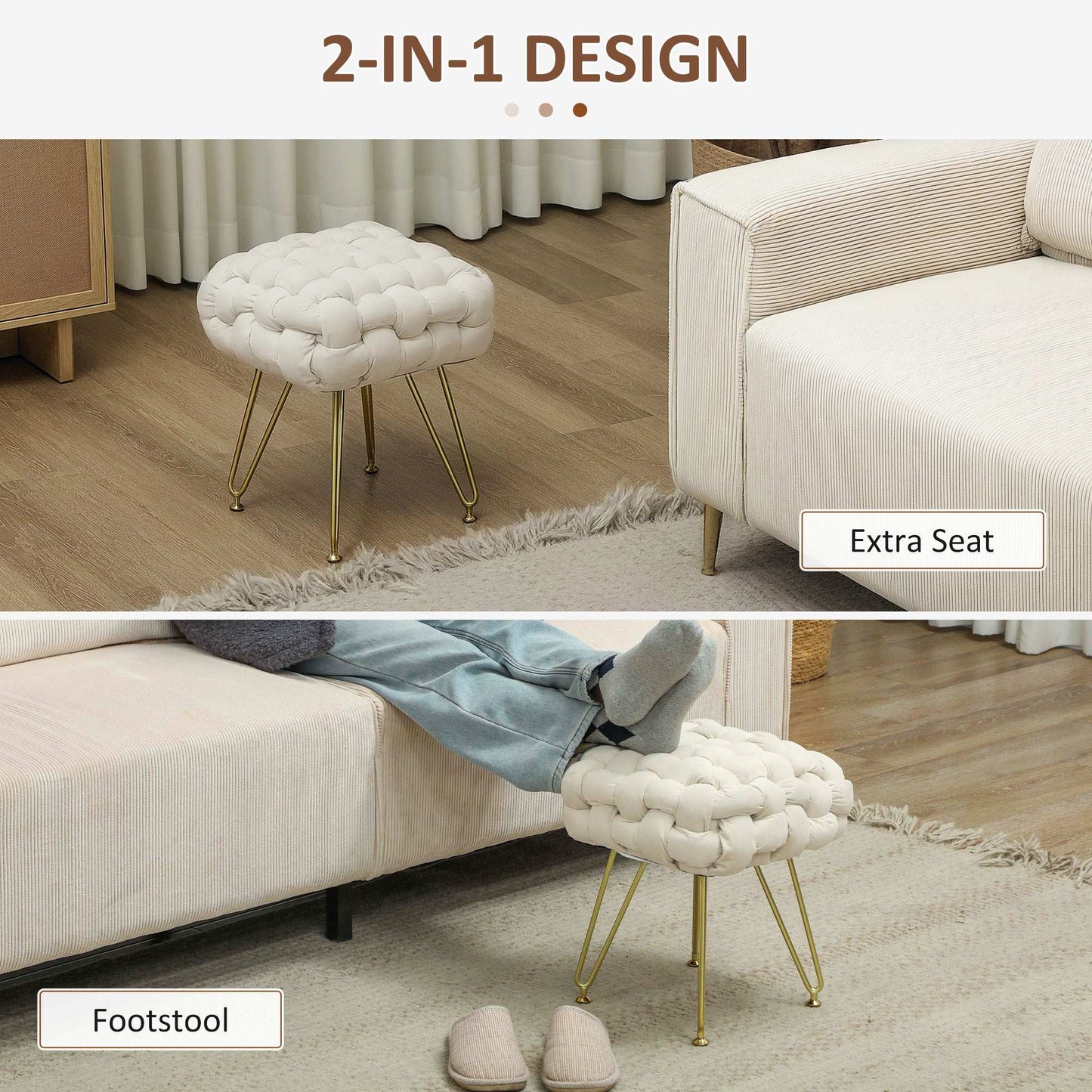 Velvet-Feel Bold Woven Footstool - Cream White