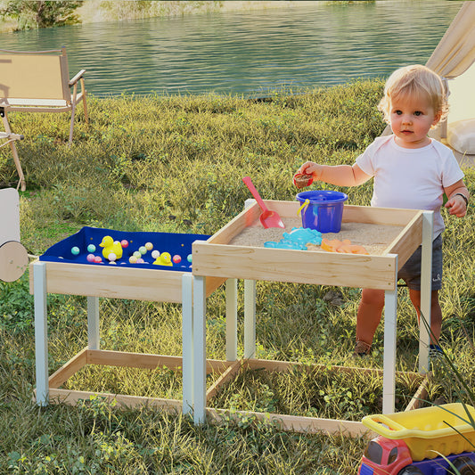AIYAPLAY 2 Pieces Wooden Outdoor Sand and Water Play Tables with Bottom Liner for Kids Aged 3-8 Years Old, Natural Wood Finish