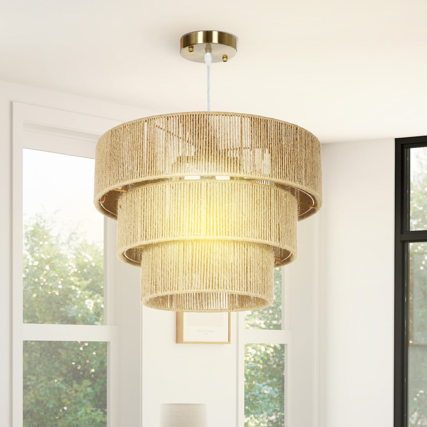 Hemp Rope Pendant Light, 3-Layer Boho Ceiling Light Shade, E14 Vintage Lampshade for Living Room, Bedroom, Kitchen, Hallway, Light Brown