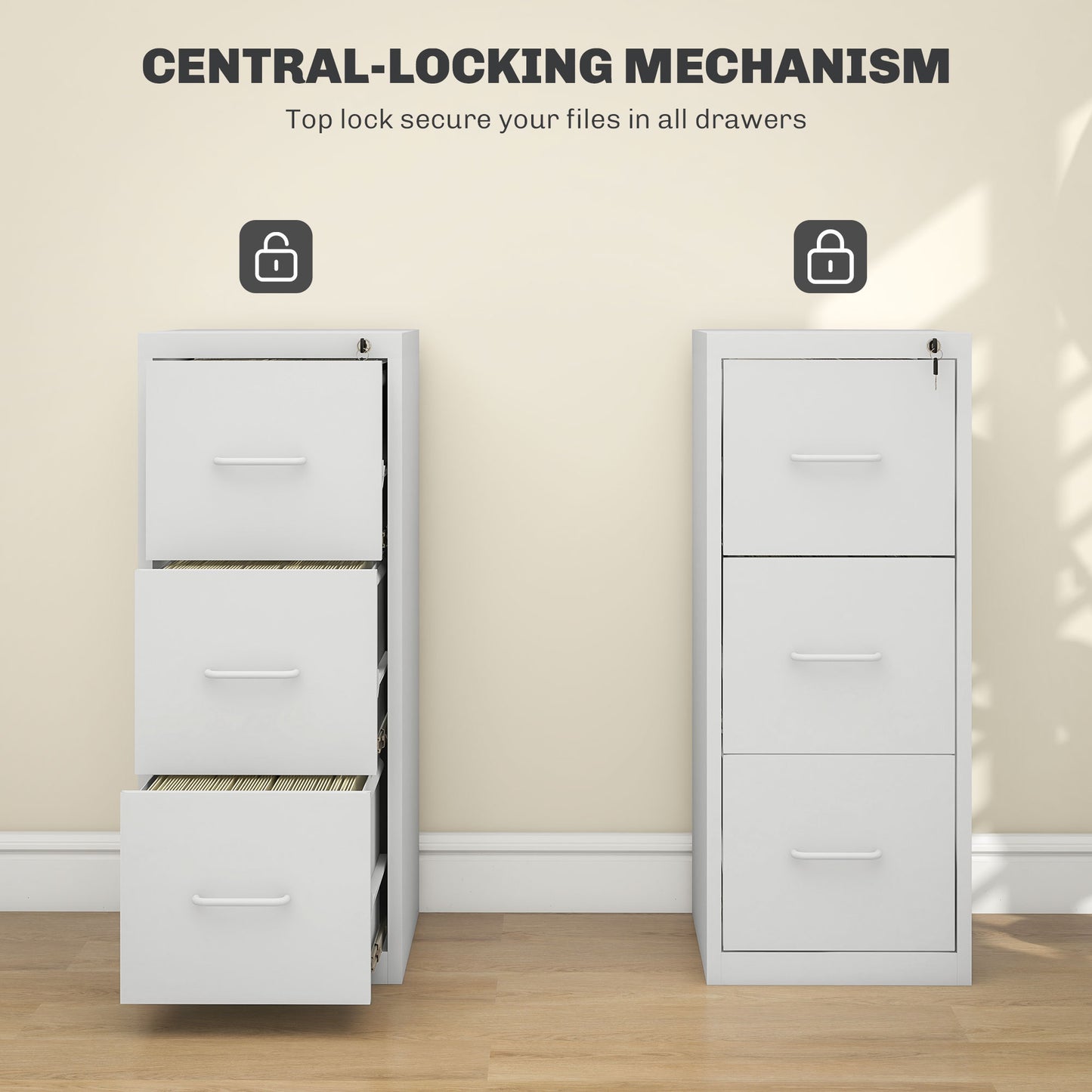 Three-Drawer Modern Steel Filing Cabinet Organiser Storage Unit - White