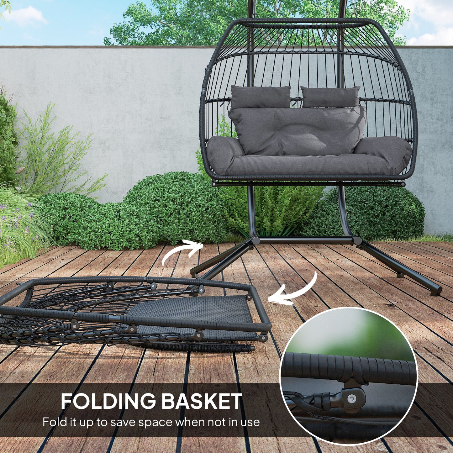 Outsunny Rattan Double Hanging Egg Chair with Stand, Foldable Wicker Swing Egg Chair with Cushion, Head Pillows, Steel Frame, Hammock Chair for Indoor Outdoor