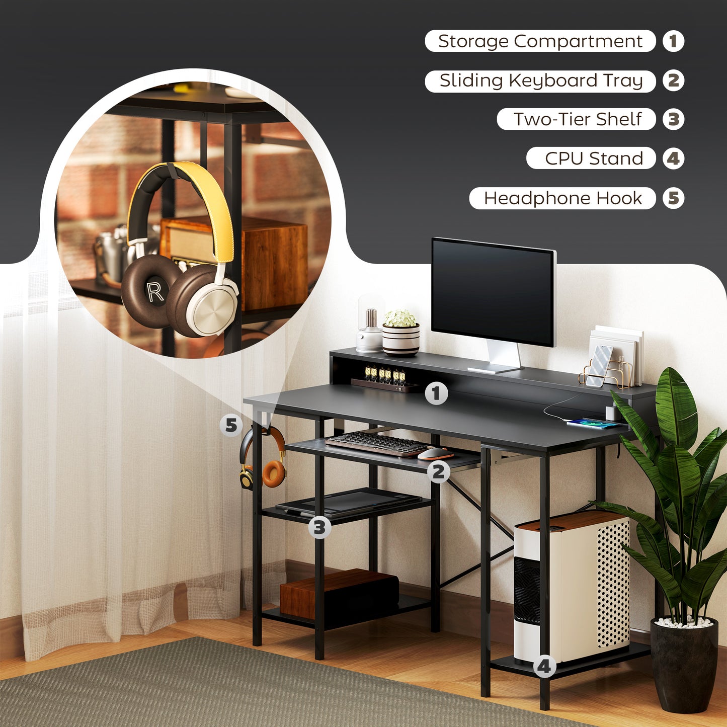 Reversible Computer Desk with LED Lights and Power Outlets, 120 x 55 cm Gaming Desk with Monitor Stand, Sliding Keyboard Tray and Storage Shelves,