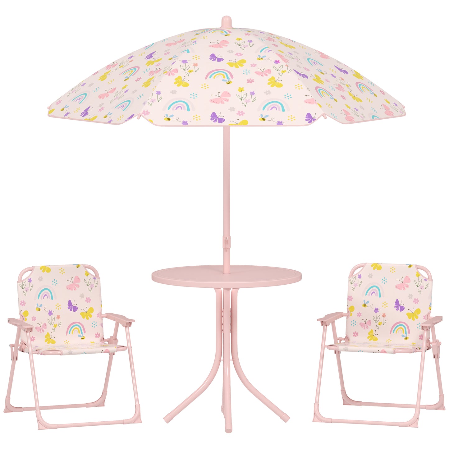 AIYAPLAY 4 Pieces Kids Garden Table and Chair Set with Adjustable Parasol, Folding Chairs, Table, Fox Pattern, Green / Pink