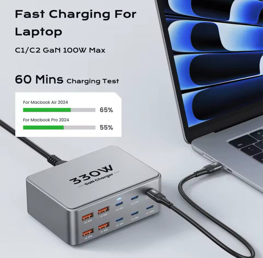 330W USB C GaN Charger 100W PD3.0 PPS QC3.0 Multiport Fast Charging Station For Laptop iPhone 15 16 Samsung Macbook Pro Tablet