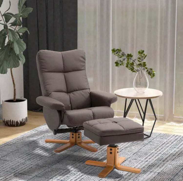 Faux Leather Swivel Recliner Chair with Footstool, Wooden Base and Storage for Living Room, Brown