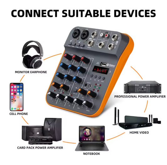 Debra 4 Channel Mixer DJ Console D4M Audio Interface With Reverber Bluetooth 5.0 48V Sound Card For PC Recording Karaoke Singing