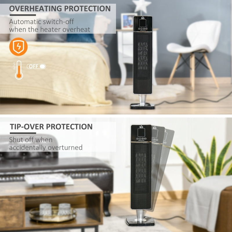 Tower Heater with 2 Heat Setting 1000W/2000W and Ceramic Fan, Electric Space Heater with Oscillating Remote Control 8hrs Timer Tip-Over Overheat Protection, Black