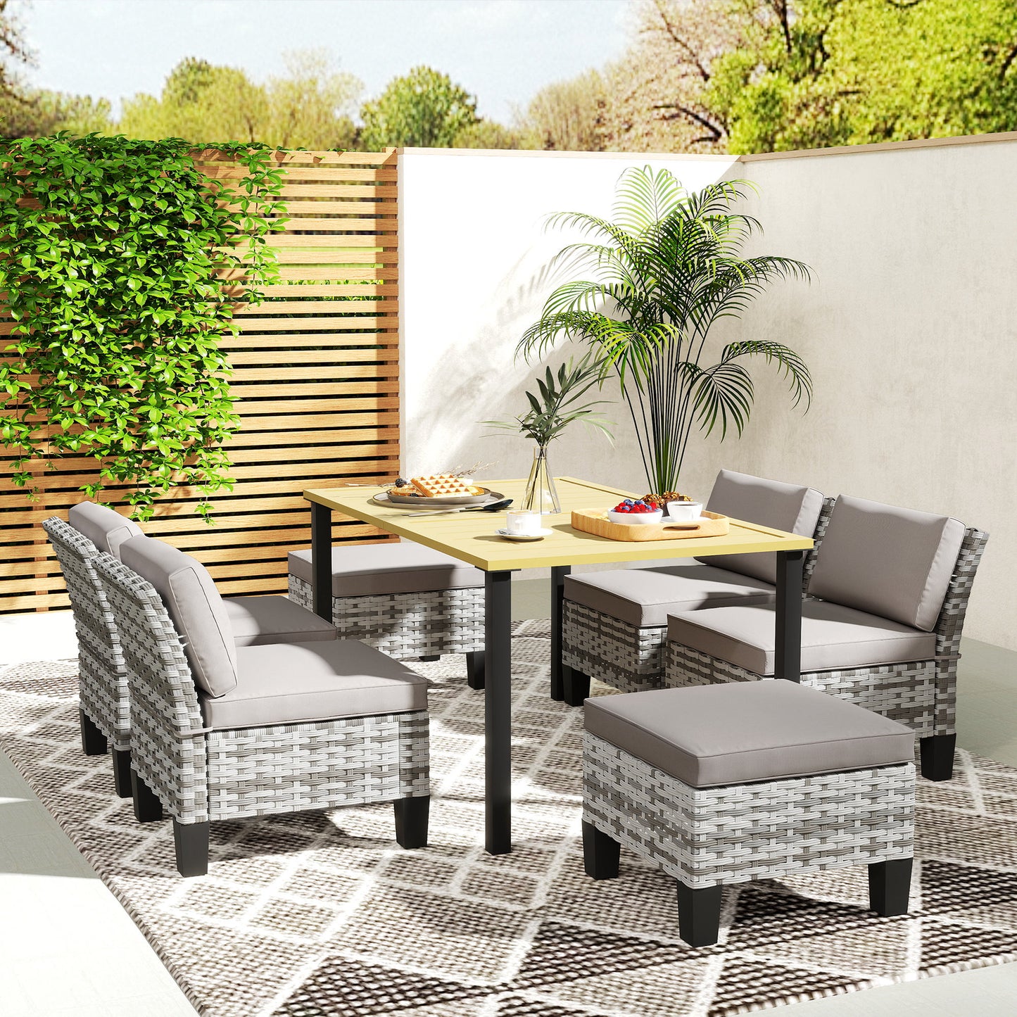 7-Piece Rattan Garden Dining Set, 6 Seater Wicker Garden Furniture Set with Seat and Back Cushions, Umbrella Hole, Patio Table and Chairs