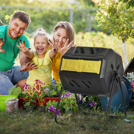 160L Tumbling Compost Bin Outdoor Dual Chamber 360° Rotating Composter, Garden Compost Bin w/ Sliding Doors & Solid Steel Frame, Yellow
