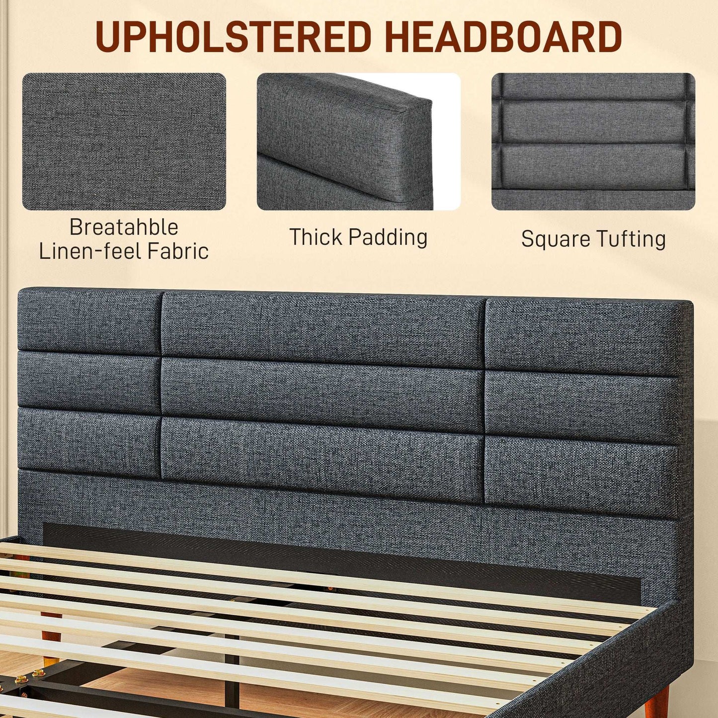 Upholstered King Bed Frame, With Slats - Grey