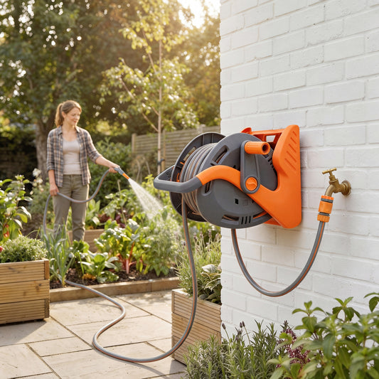 2-in-1 Portable & Wall Mounted Garden Hose Reel | 20+2m | Crank Handle | 2-Pattern Spray Nozzle | Rust-Proof PVC & PP | 8 Bar | 3/4" & 1/2" BSP Adaptor | 40x28x32cm | Orange