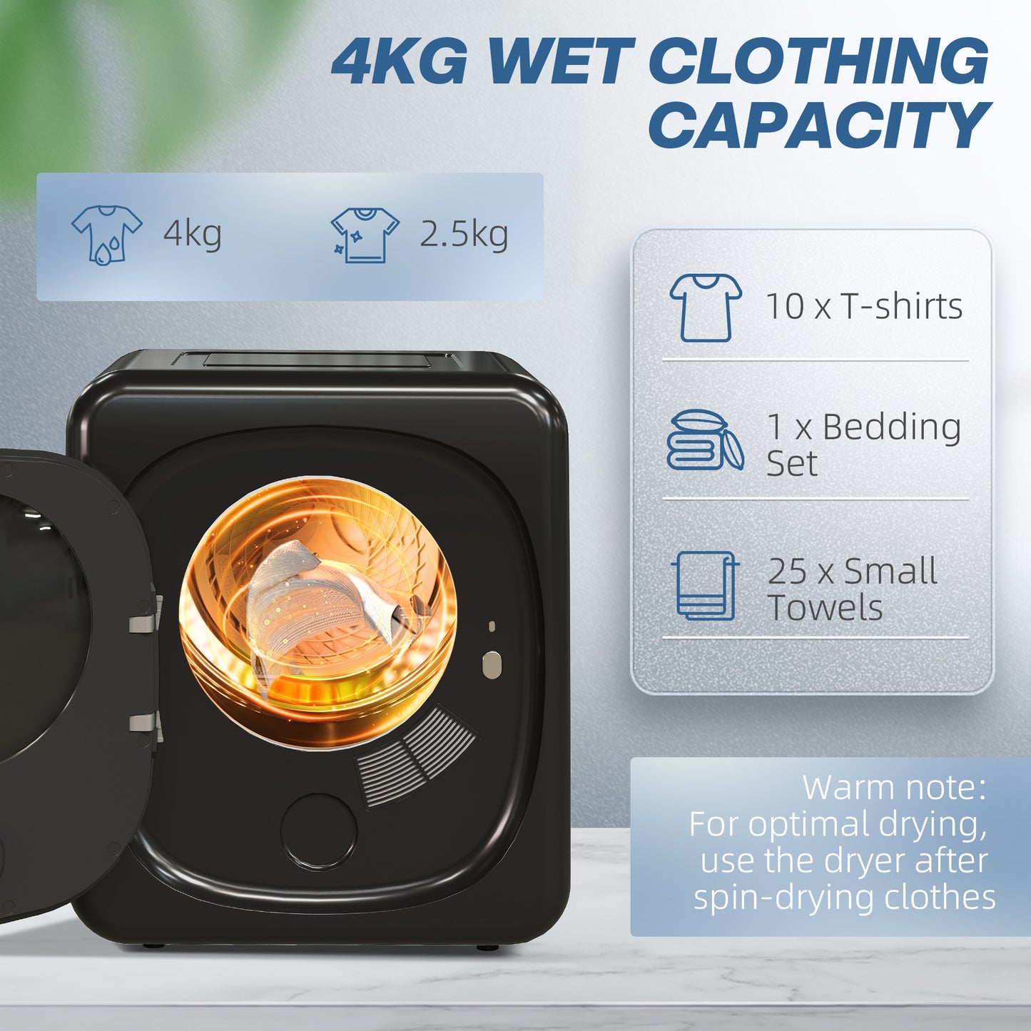 4kg Vented Tumble Dryer with Deodorise, Smart Mode, 800W Compact Tumble Dryer with Stainless Steel Tub, Front Load, for Flat, Home, RVs, Black