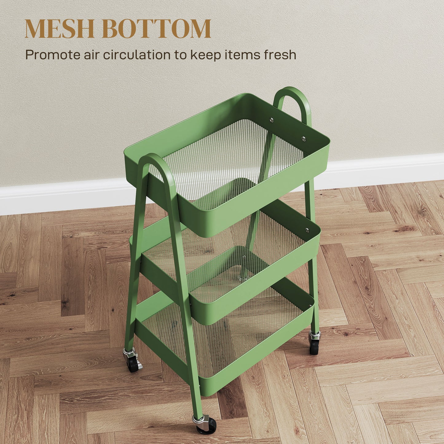Three-Tier Storage Cart Trolley - Green / Pink