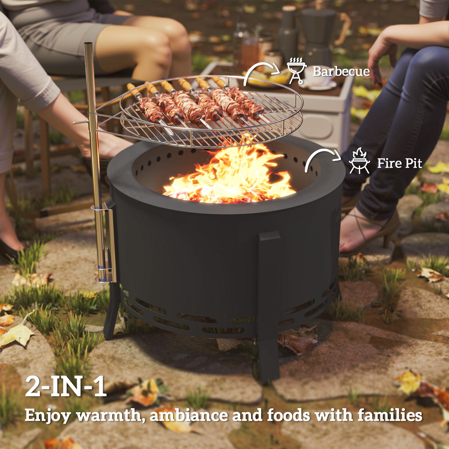 Portable Fire Pit, 58 cm Round Firepit with Grill Grate, Fire Bowl with Ash Catcher and Poker, Fire Pit BBQ for Garden Camping Bonfire Picnic, Black