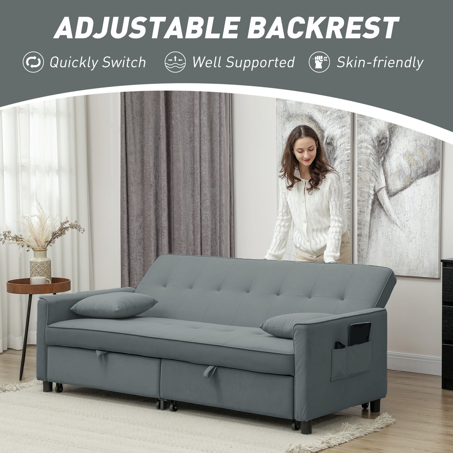 Three-Person Velvet-Feel Sofa Bed - Grey