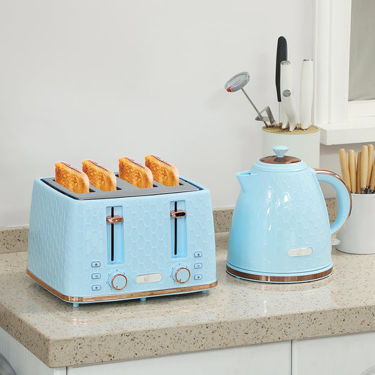 Kettle and Toaster Set, 1.7L 3000W Fast Boil Jug Kettle, 4 Slice Toaster with 7 Level Browning Controls, Light Blue / Pink