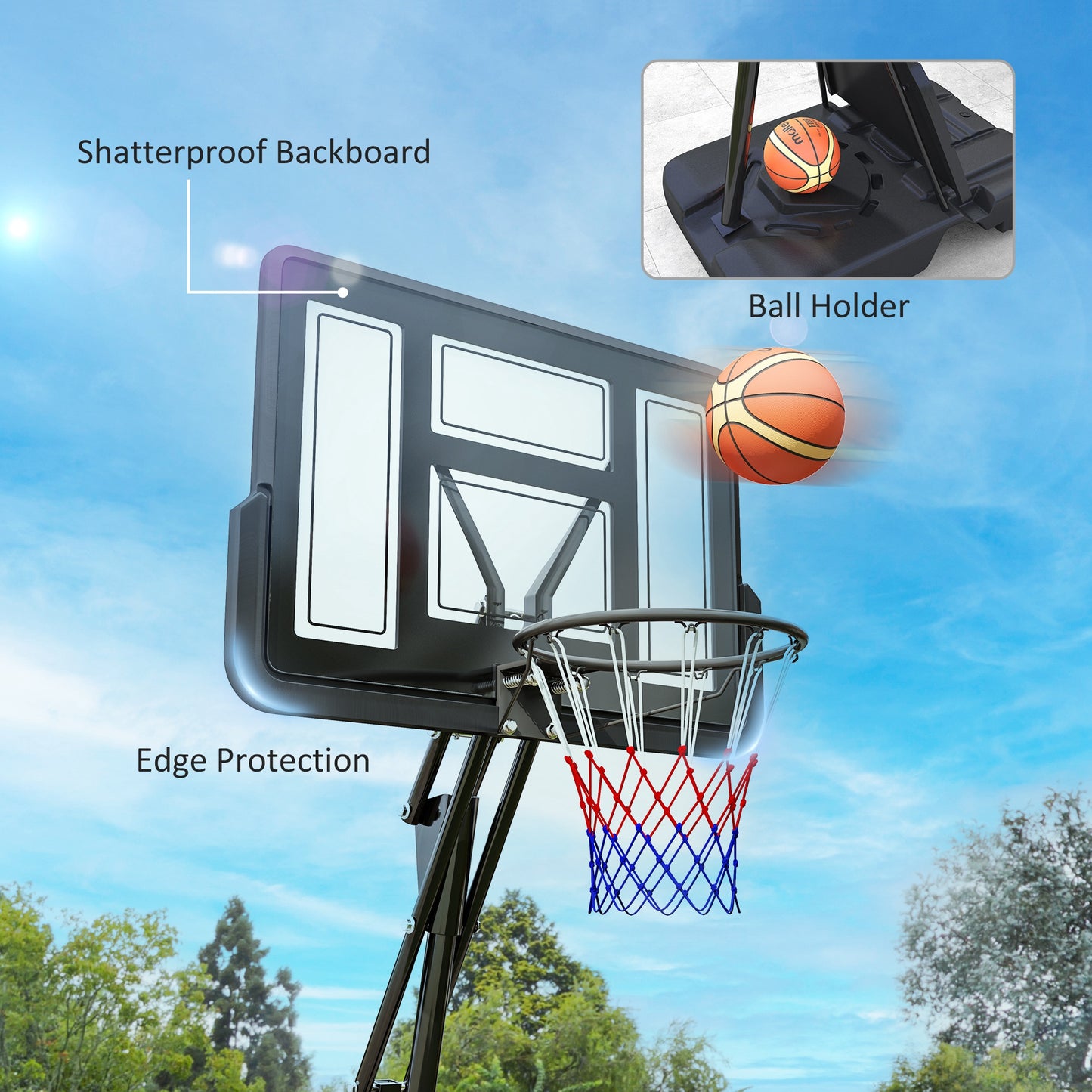 Basketball Hoop Outdoor, Height Adjustable Hoop and Stand W/ Rebound System, Weighted On Wheels, 2.45-3.05m, for Teens, Juniors, Adults