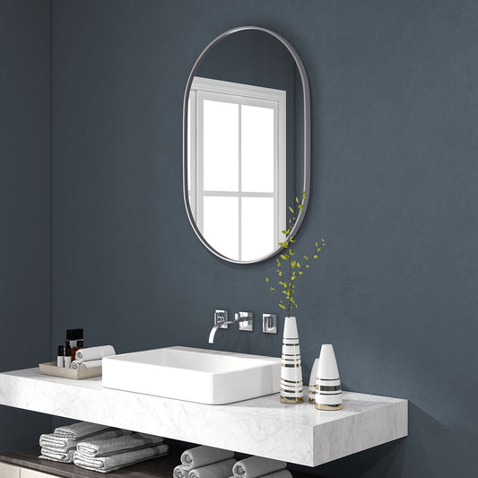 Oval Bathroom Mirror, Modern Wall-mounted Vanity Mirror with Aluminium Frame for Living Room, Entryways, Horizontal or Vertical, 60 x 90cm, Silver
