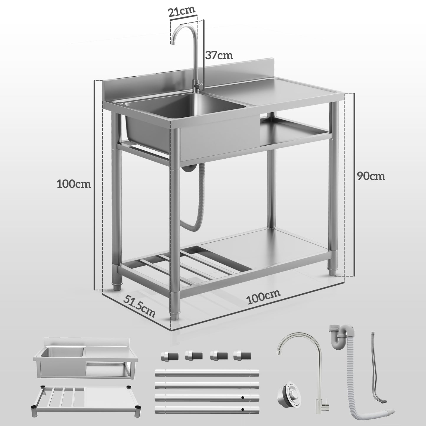 Outdoor Stainless Steel Kitchen Sink, Freestanding Single Bowl with Cold and Hot Water Pipe