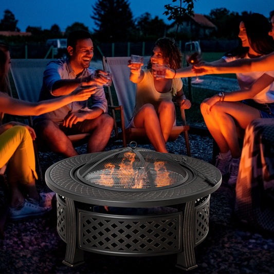 Outsunny Outdoor Fire Pit with Grill Net, Mesh Lid & Poker – Multifunctional BBQ & Bonfire Pit, Built-In Tabletop, Solid Steel, Bronze Tone
