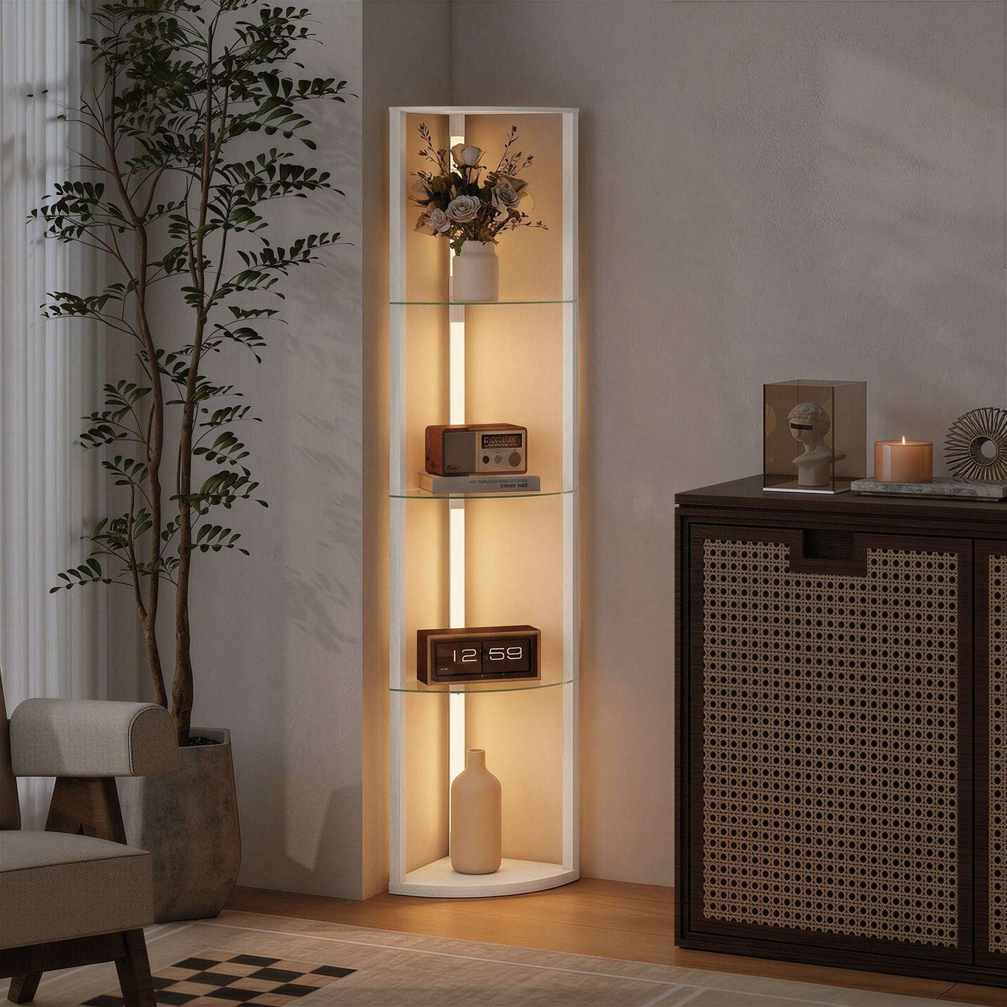 LED Floor Lamp with 5 Shelves | 3 Brightness Levels | Foot Switch | 20W 3000K | Frosted Glass Tiers | 162cm | White