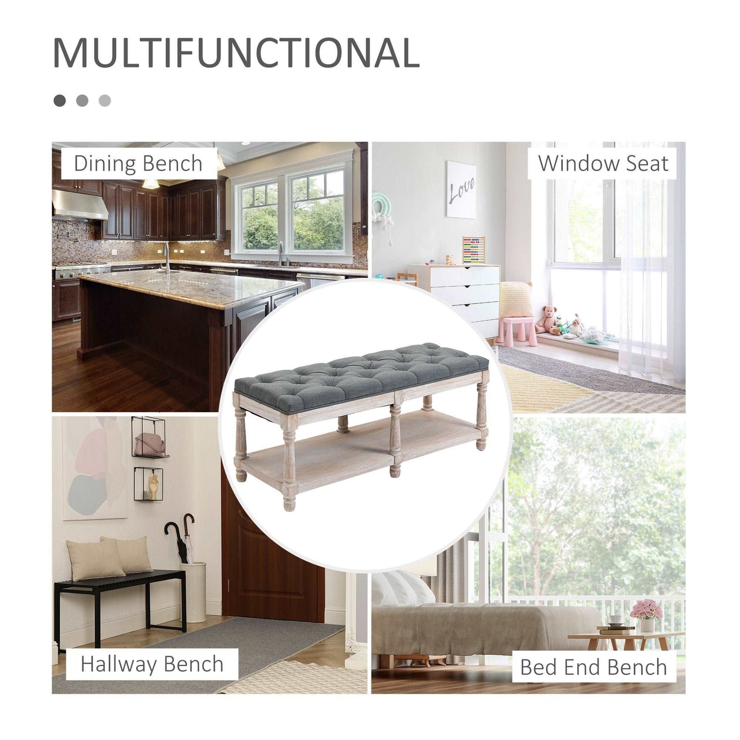 2 Tier Shoe Rack Bench with Button Tufted Upholstered Cushion, Vintage Bed End Bench, Wooden Window Seat for Hallway, Living Room, Bedroom-Grey