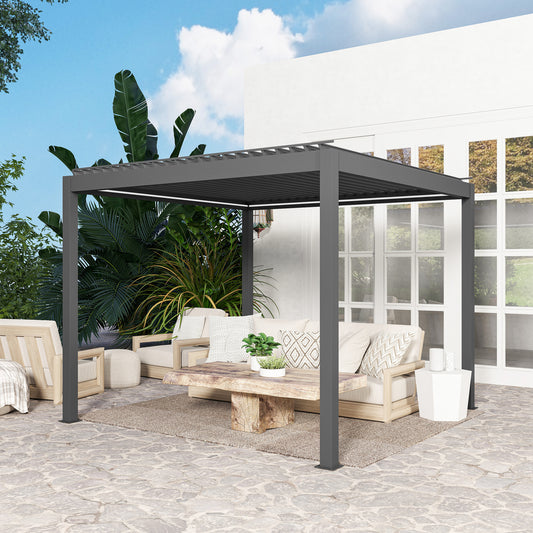 3 x 3(m) Electric Louvered Pergola with LED Lights, Aluminium Pergola Hardtop Gazebo with Remote, Adjustable Roof and Drainage System