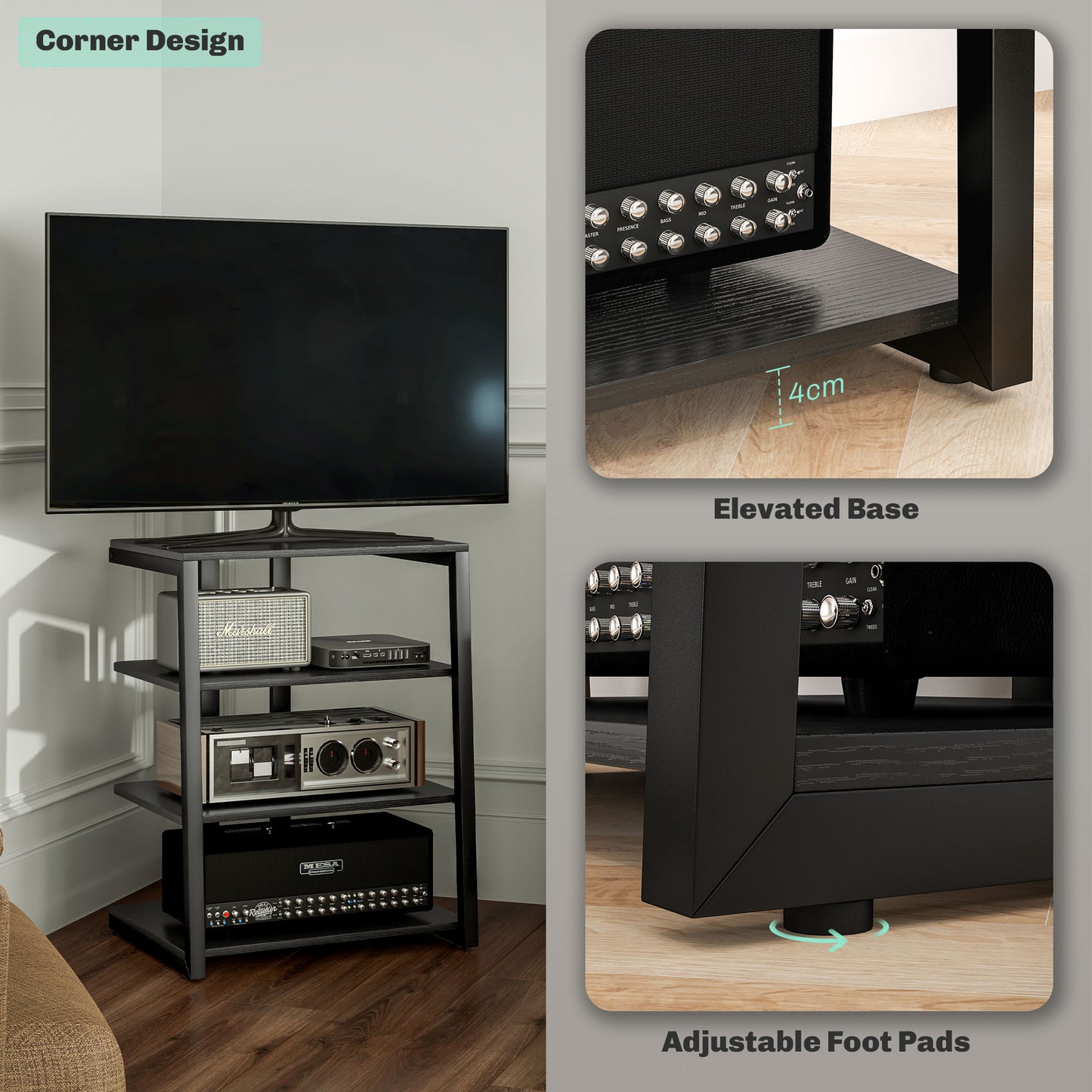 TV Stand Cabinet for 28 Inch TVs, Corner TV Unit with Open Adjustable Shelves and Extension Lead Holder, Entertainment Unit for Living Room, Black