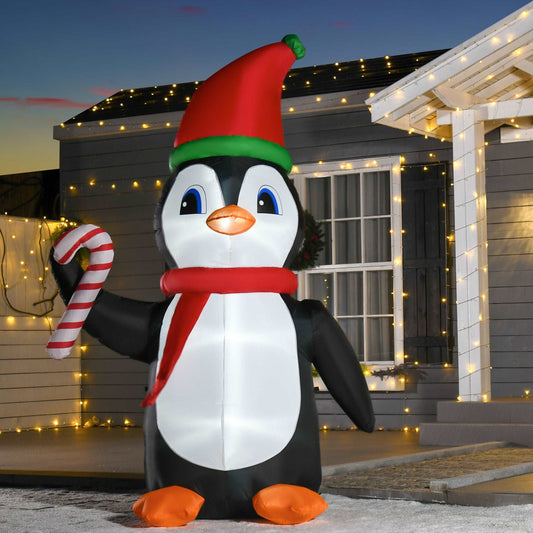 2.5m Inflatable Penguin Holding Candy Cane Blow Up Outdoor Decoration With LED Lights