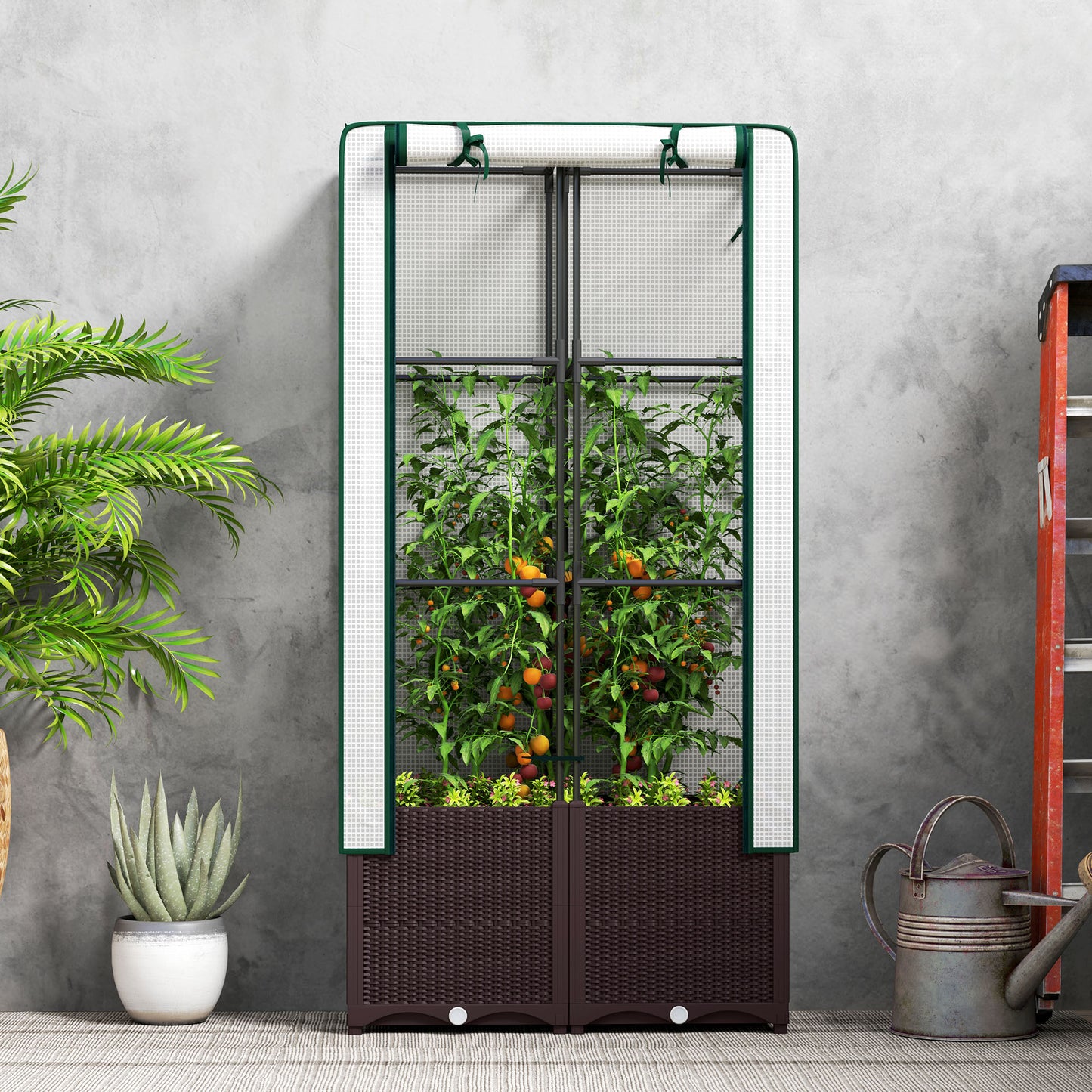 Raised Garden Bed with Trellis, Plastic Planter Box with Drainage Holes and Drain Plugs for Climbing Plants, Vegetables, Flowers