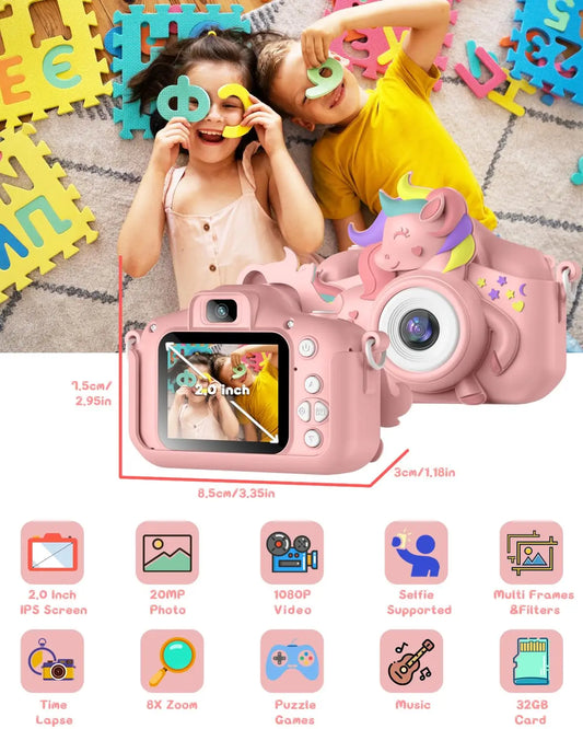 Kids Camera, Gofunly Kids Camera for Girls, 1080P HD 2.0 Inch Screen Kids Digital Camera with 32GB SD Card, Birthday Christmas Kids Toys Gifts Selfie