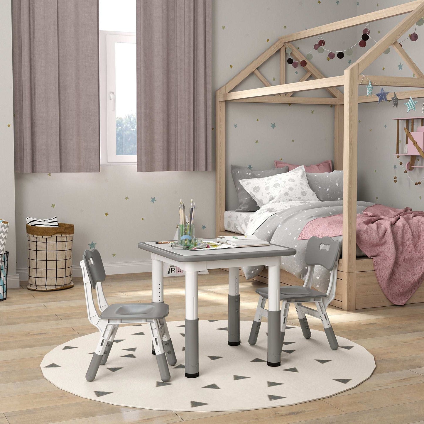 AIYAPLAY Height Adjustable Toddler Table and Chair Set, 3 Pcs Children Activity Table w/ 2 Chairs, for Playroom, Bedroom - Grey / Pink