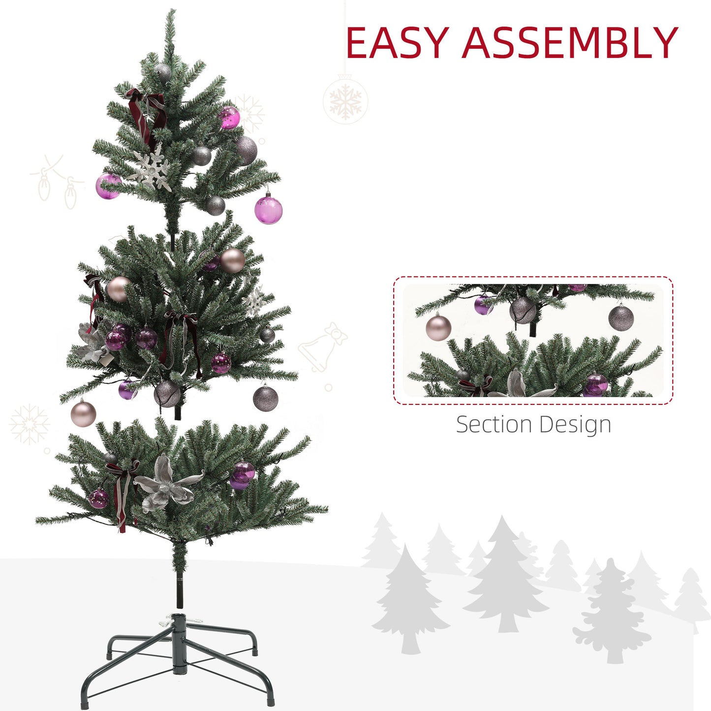 5ft Artificial Prelit Christmas Tree with Warm White LED Lights and 486 Tips, Metal Stand W/ Purple Ornaments