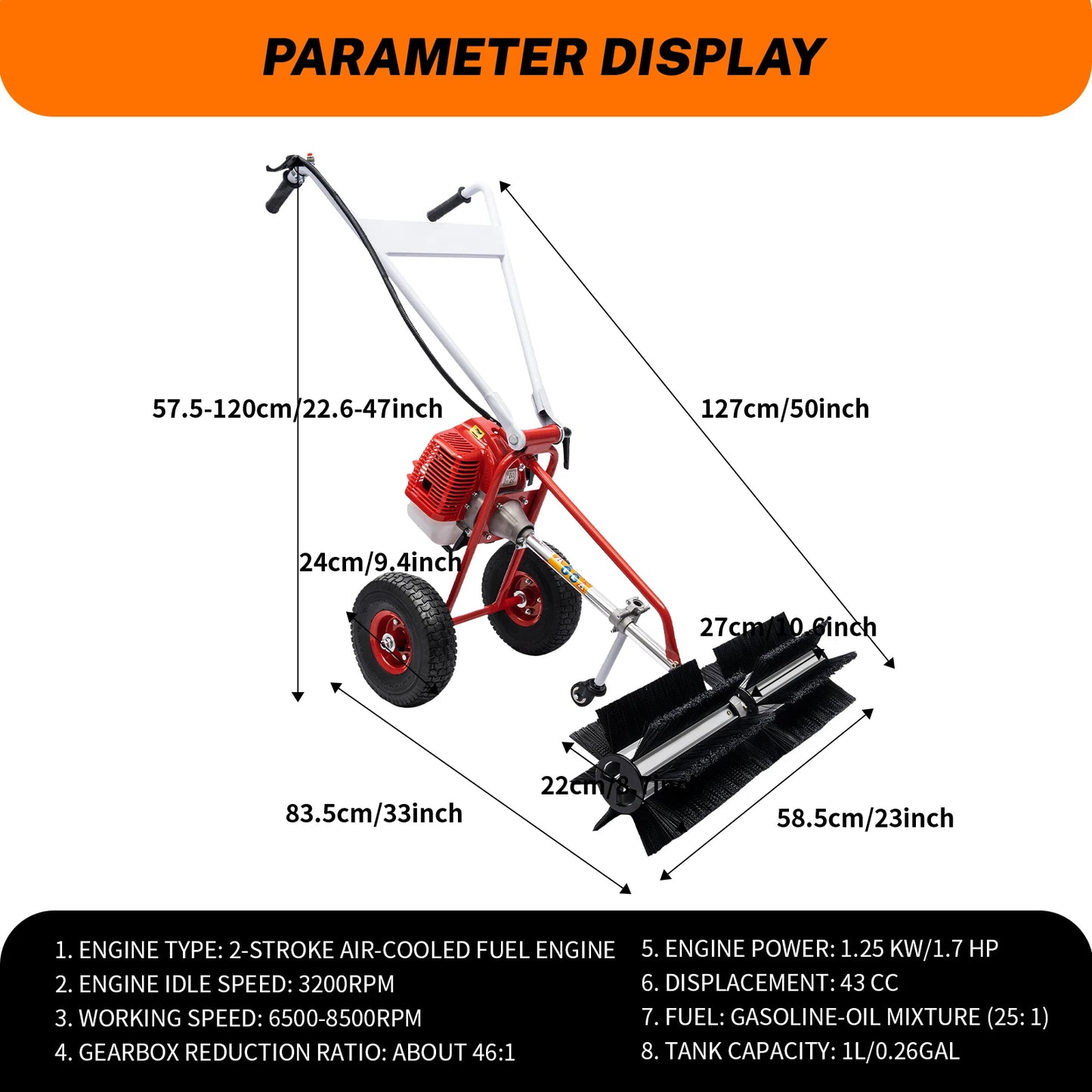 Grass Sweeper Portable 2-stroke 43cc Grass Brush Electric Broom Hand-held Lawn Sweeping Tool Petrol Powered