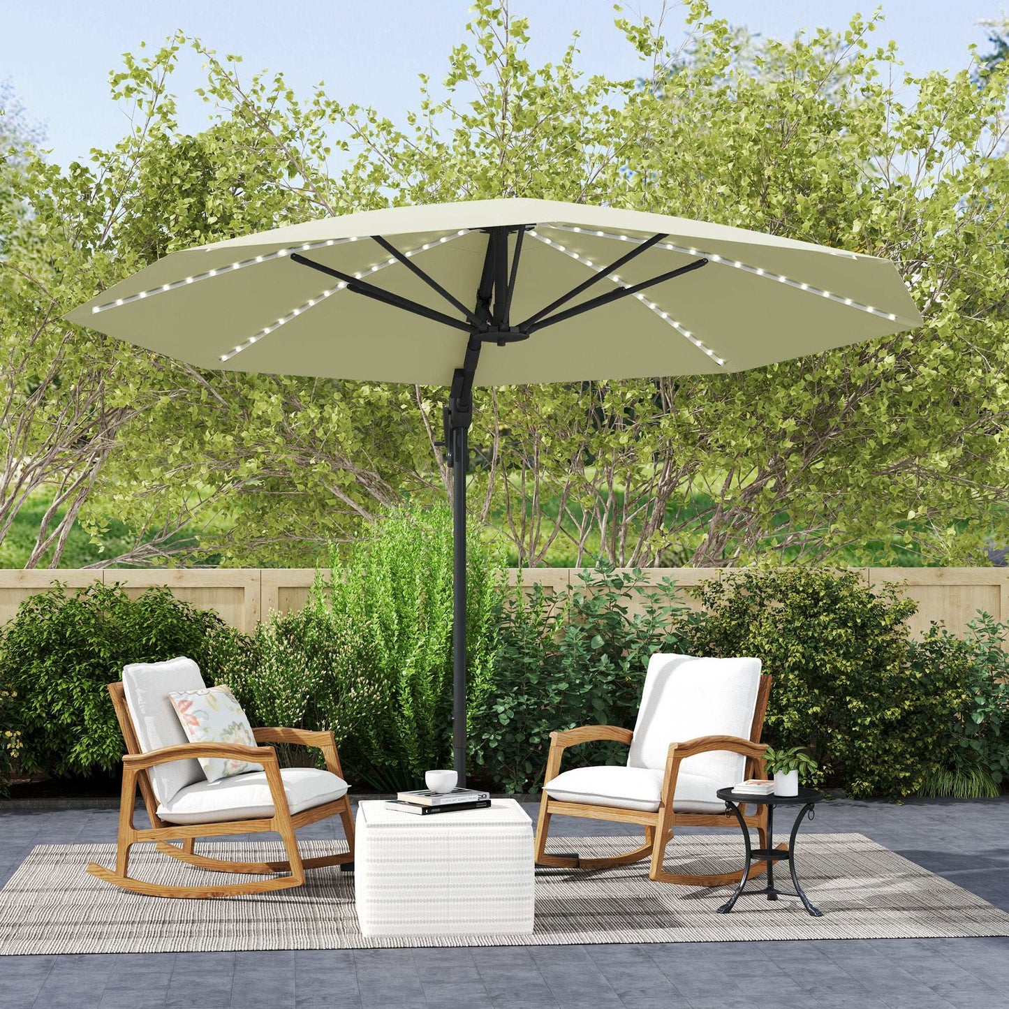 Outsunny 3(m) Cantilever Garden Parasol with Solar Powered Lights, Crank Handle & Cross Base, UPF 50+, 360° Rotation, Cream