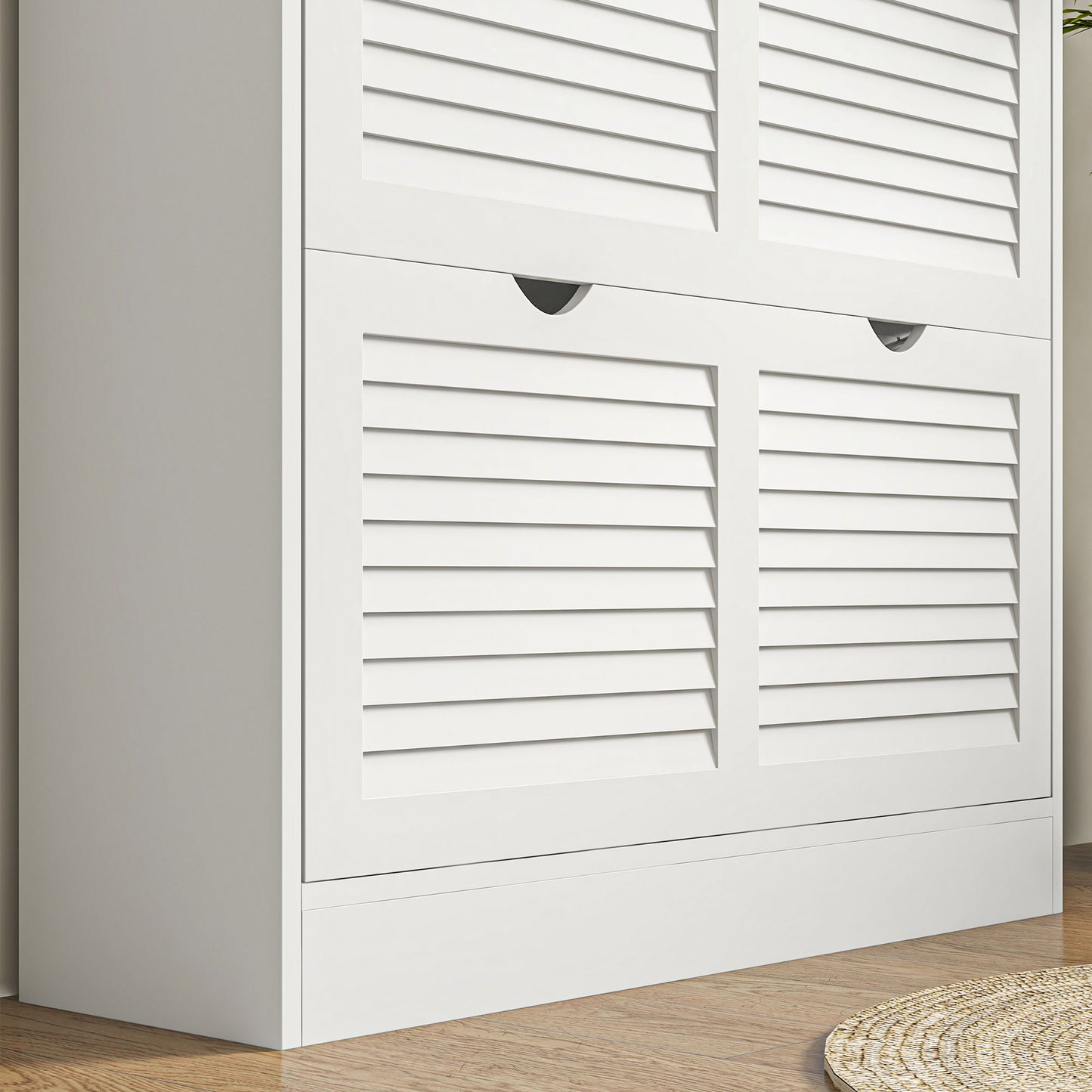 2 Drawers Entryway Shoe Cabinet, Narrow Storage Cabinet W/ 2 Flip Drawers, Louvred Door Design & Adjustable Shelves for 16 Pairs - White